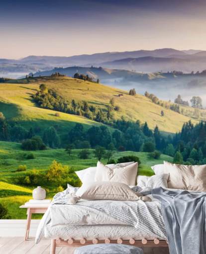 green and blue countryside wallpaper mural called Mountains Landscape for home offices