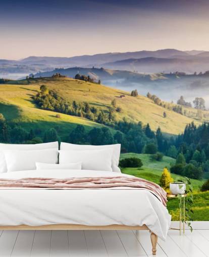 green and blue countryside wallpaper mural called Mountains Landscape for home offices