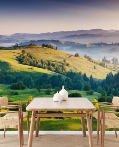 green and blue countryside wallpaper mural called Mountains Landscape for home offices