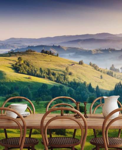 green and blue countryside wallpaper mural called Mountains Landscape for home offices