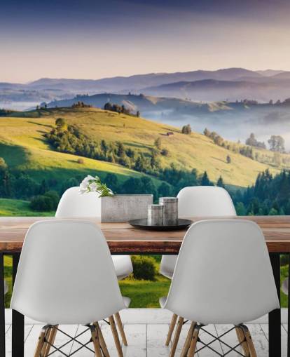 papier peint mural de campagne vert et bleu appelé Mountains Landscape pour les bureaux à domicile