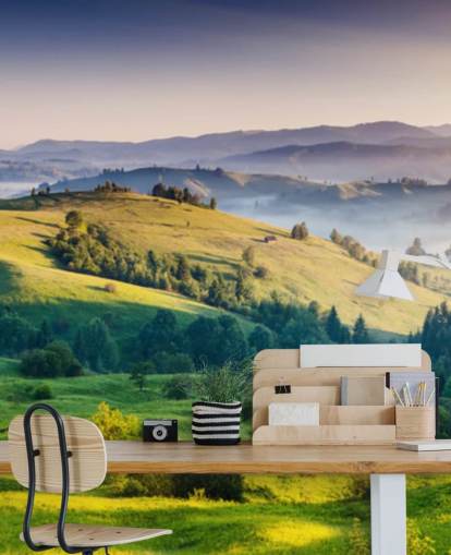 green and blue countryside wallpaper mural called Mountains Landscape for home offices