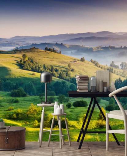 green and blue countryside wallpaper mural called Mountains Landscape for home offices