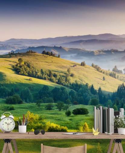green and blue countryside wallpaper mural called Mountains Landscape for home offices