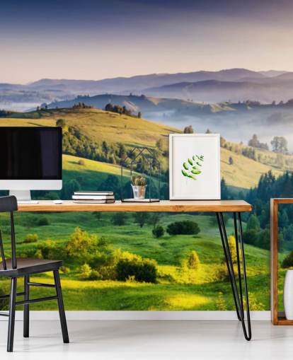 green and blue countryside wallpaper mural called Mountains Landscape for home offices