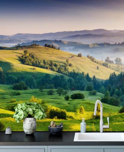 green and blue countryside wallpaper mural called Mountains Landscape for home offices