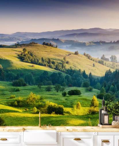 mural de papel pintado de campo verde y azul llamado Mountains Landscape para oficinas en casa