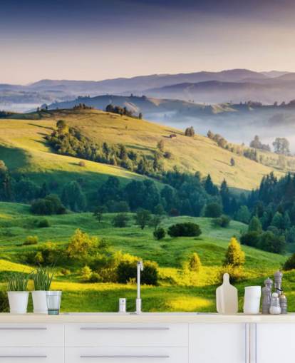 green and blue countryside wallpaper mural called Mountains Landscape for home offices