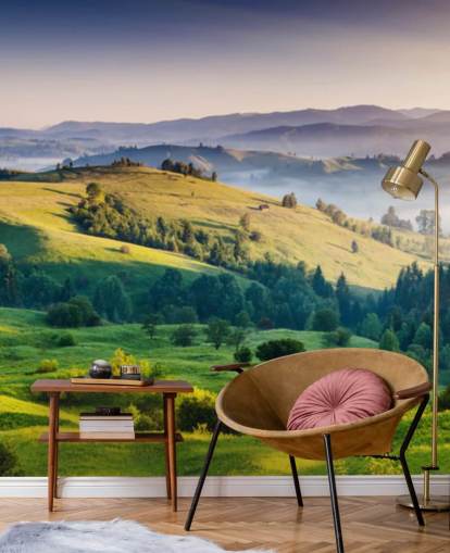 green and blue countryside wallpaper mural called Mountains Landscape for home offices