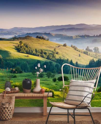 green and blue countryside wallpaper mural called Mountains Landscape for home offices