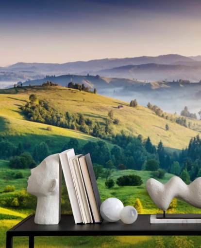 green and blue countryside wallpaper mural called Mountains Landscape for home offices