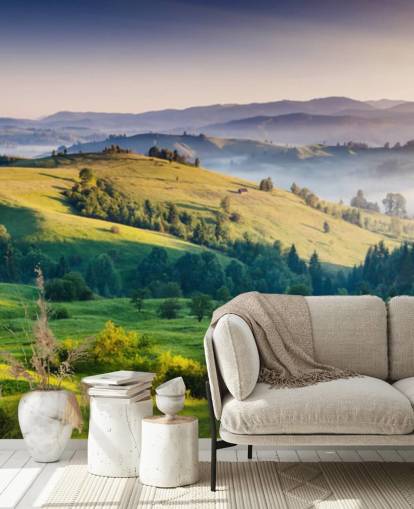 green and blue countryside wallpaper mural called Mountains Landscape for home offices