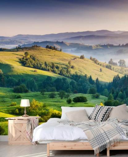 green and blue countryside wallpaper mural called Mountains Landscape for home offices