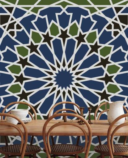 papel pintado geométrico árabe azul y verde
