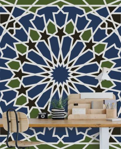 blue and green arabic geometric wallpaper