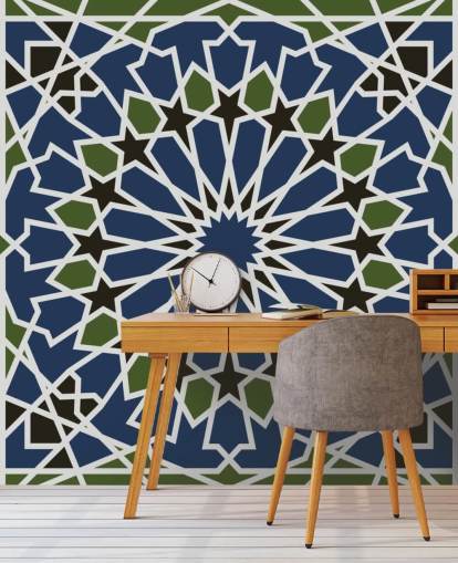 papier peint géométrique arabe bleu et vert