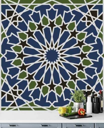 blue and green arabic geometric wallpaper