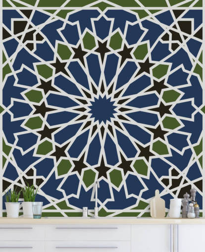 blue and green arabic geometric wallpaper