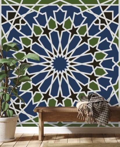 blue and green arabic geometric wallpaper