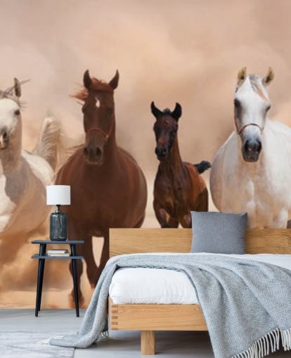 Mural Rebaño de caballos marrones y blancos