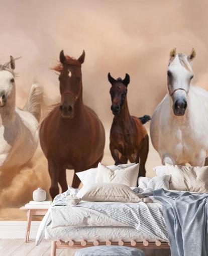 Mural Rebaño de caballos marrones y blancos