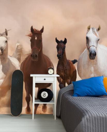 Mural Rebaño de caballos marrones y blancos