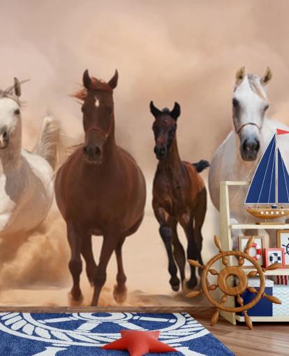 Brown and White Horses Herd Running Mural