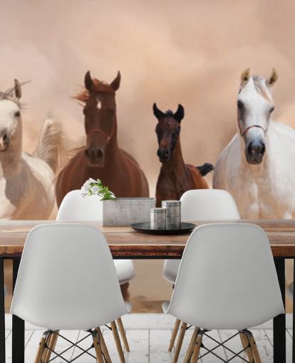 Mural Rebaño de caballos marrones y blancos