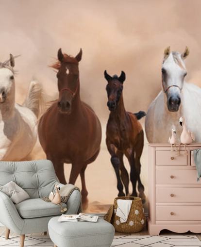 Brune og hvite hester Flokken Running Mural