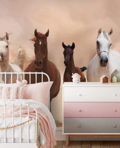 Mural Rebaño de caballos marrones y blancos