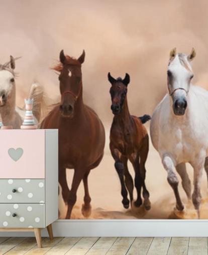Bruine en witte paarden kudde loopmuurschildering