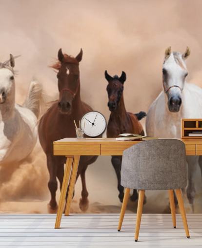 Brown and White Horses Herd Running Mural