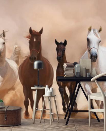 Mural Rebaño de caballos marrones y blancos