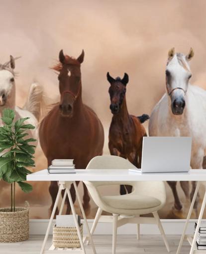 Mural Rebaño de caballos marrones y blancos