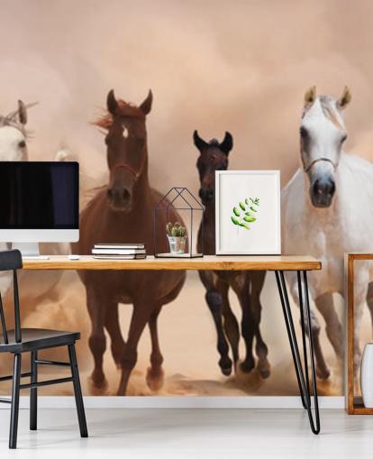 Mural Rebaño de caballos marrones y blancos