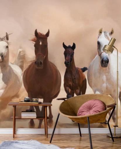 Brown and White Horses Herd Running Mural