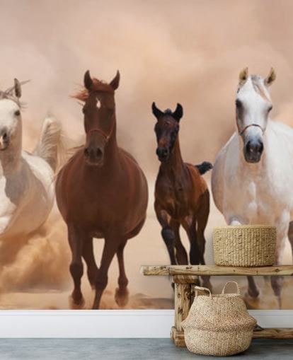 Peinture murale de course de troupeau de chevaux bruns et blancs