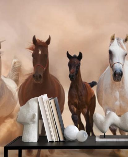Bruine en witte paarden kudde loopmuurschildering Bruine en witte paarden kudde loopmuurschildering