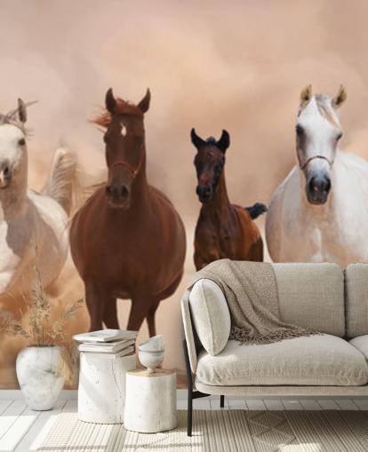 Decorazione murale con gregge di cavalli marroni e bianchi Decorazione murale con gregge di cavalli marroni e bianchi