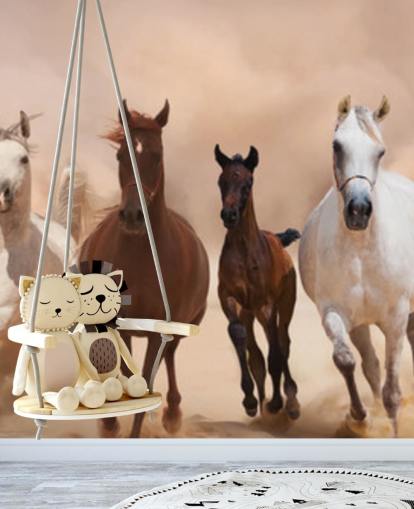 Brown and White Horses Herd Running Mural