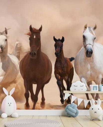 Brown and White Horses Herd Running Mural