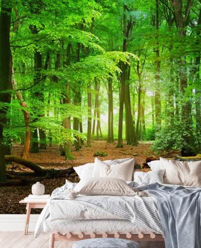 papier peint mural de forêt personnalisable vert et marron appelé Magical Forest pour les chambres et les salles de bain