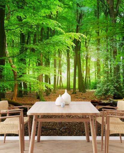 mural de papel pintado de bosque personalizable en verde y marrón llamado Bosque Mágico para dormitorios y baños