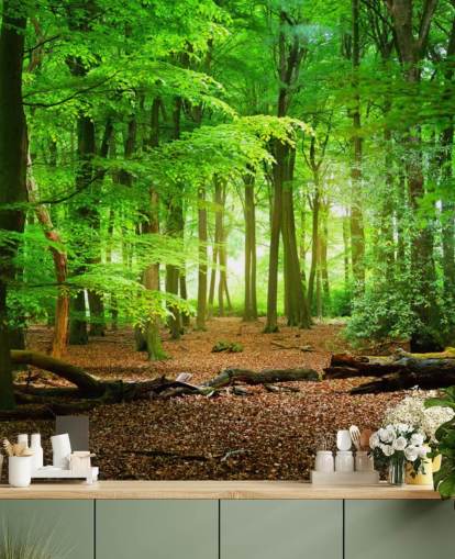 mural de papel pintado de bosque personalizable en verde y marrón llamado Bosque Mágico para dormitorios y baños