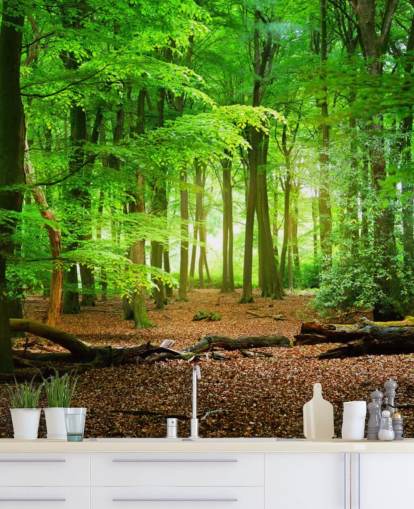 groene en bruine aanpasbare bosbehangmuurschildering genaamd Magical Forest voor slaapkamers en badkamers