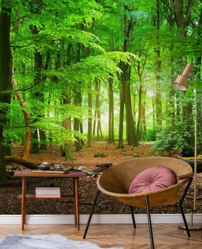 mural de papel pintado de bosque personalizable en verde y marrón llamado Bosque Mágico para dormitorios y baños