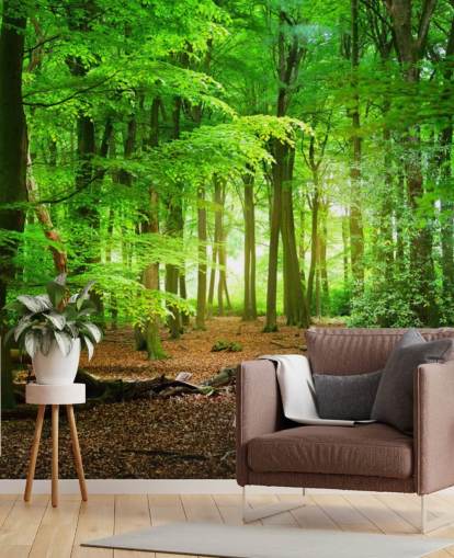 grønn og brun tilpassbar skogtapet veggmaleri kalt Magical Forest for soverom og bad