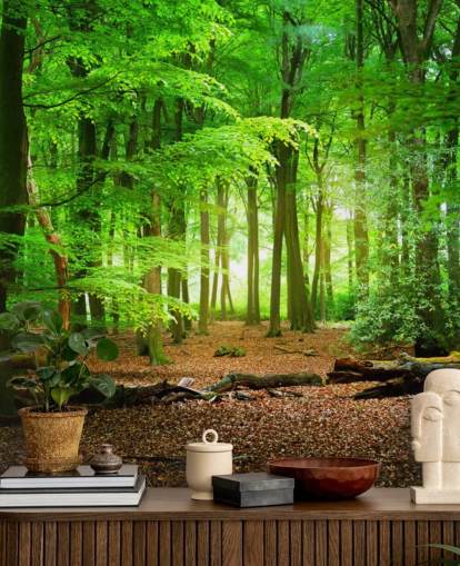Wandtapete „Magischer Wald“ in Grün und Braun, personalisierbar, für Schlafzimmer und Badezimmer Wandtapete „Magischer Wald“ in Grün und Braun, personalisierbar, für Schlafzimmer und Badezimmer