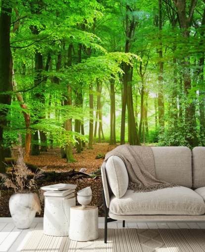 mural de papel de parede florestal personalizável verde e marrom chamado Magical Forest para quartos e banheiros