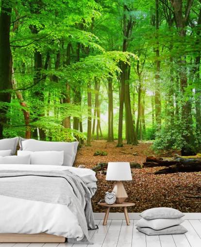grön och brun anpassningsbar skogstapetväggmålning kallad Magical Forest för sovrum och badrum